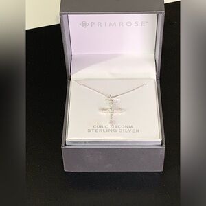 Designer PRIMROSE 925 Sterling Silver Cubic Zirconia Cross Pendant Necklace. 18”